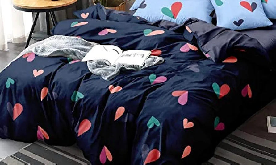 The Home Style 300 TC Cotton Feel Glace Cotton Printed Double Bed Bedsheet with 2 Pillow Cover Blue Heart