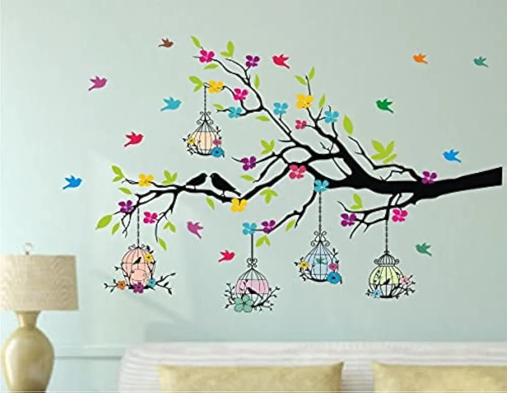 Heaven Decors PVC Vinyl Self-Adhesive Tree Branches with Birdcage & Flower- Wall Decoration Sticker Home,Multicolour