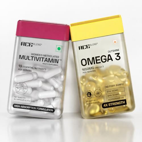 Ace Blend Womenâ€™s Wellness Combo | Omega 3 Fish Oil 1650mg (60 Softgels) + Multivitamin Capsule (60) | With EPA DHA, Iron, Quatrefolic, K2 & D3 | Daily Nutrition Support