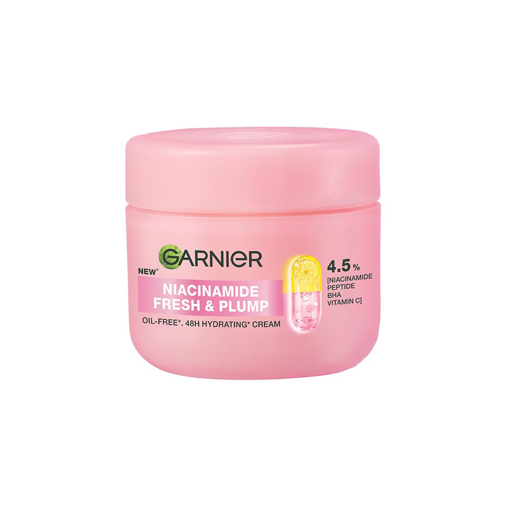 Garnier Fresh & Plump Niacinamide Sorbet Moisturizer Cream, 4.5% Niacinamide + Peptide + BHA + Vitamin C, 9x Lighter Sorbet Texture, For Hydrated and Plump Skin, Suitable for Oily to Normal & Combination Skin, 90g