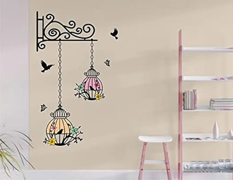 Heaven Decors Hanging Flower Birdcage with Birds Wall Sticker for Living Room Bedroom Multicolour