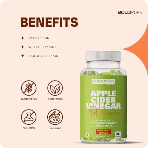 Boldfit Boldpops Apple Cider Vinegar Gummies with Mother and Vitamin B12 for Digestion Immunity Energy Support Green Apple Flavour Gluten Free 30 Gummies