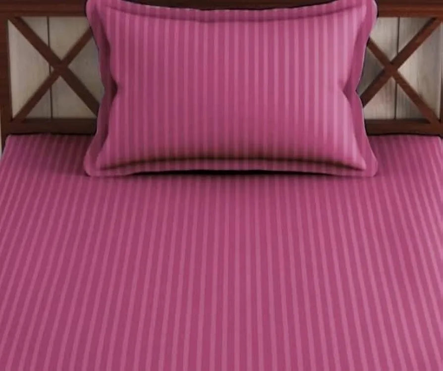Trance Home Linen 100% Cotton 78x36 inch Single Fitted 200TC Satin Stripe Elastic Fitted Bedsheet with 1 Pillow Covers Colour Rose Pink