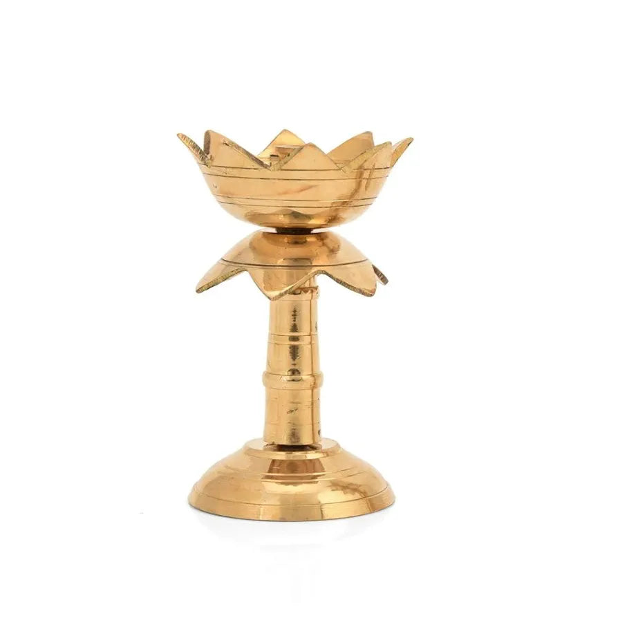 Collectible India Set of 2 Brass Diya for Puja Diya for Diwali - Lotus Shape Pillar Diya Stand Oil Lamp -3.8 Inch