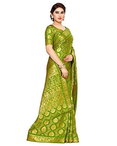 Mimosa Women's Olive Kanchipuram Silk Saree With Blouse Piece