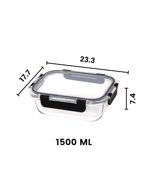 Femora Borosilicate Rectangle Glass Container With Dectahable & Break Free Lid | Black Color | 1500 Ml | Set of 3