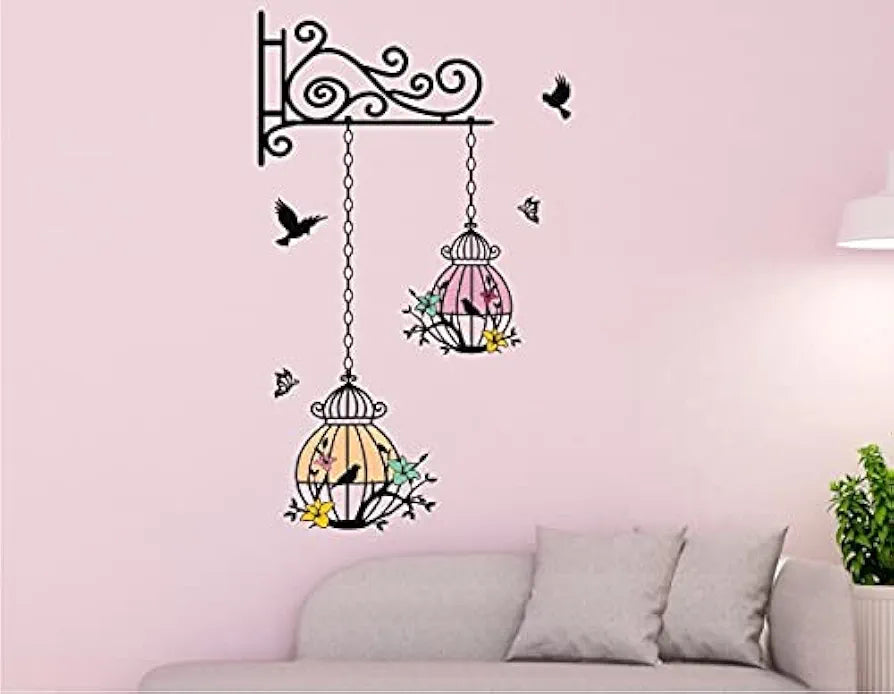Heaven Decors Hanging Flower Birdcage with Birds Wall Sticker for Living Room Bedroom Multicolour