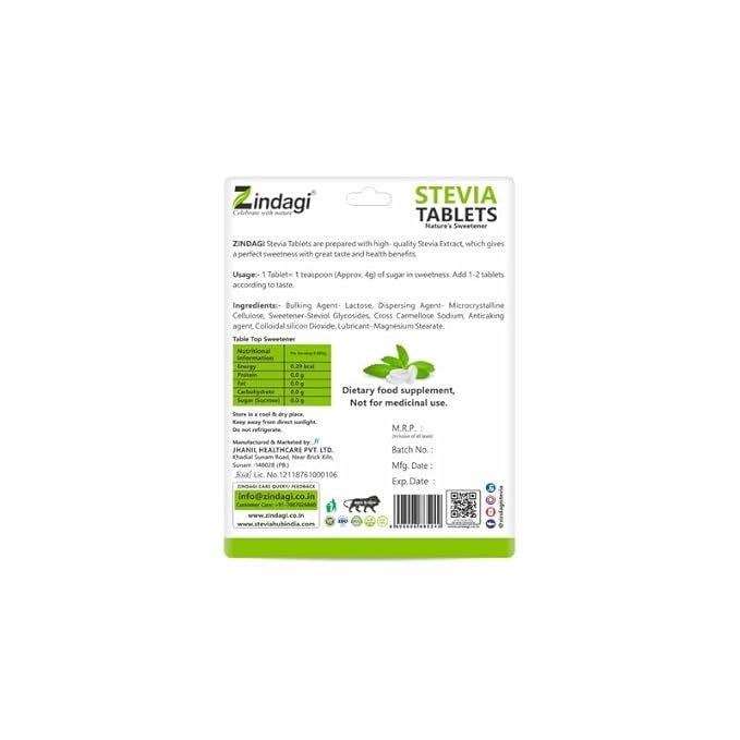 Zindagi Stevia Sugar Free Tablets - 100 Tabs (Pack of 2)