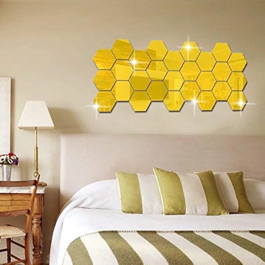 Bikri Kendra Glass 20 Hexagon With 20 Butterfly Golden Wall Stickers 3D Acrylic Stickers Mirror Stickers Set Of 20