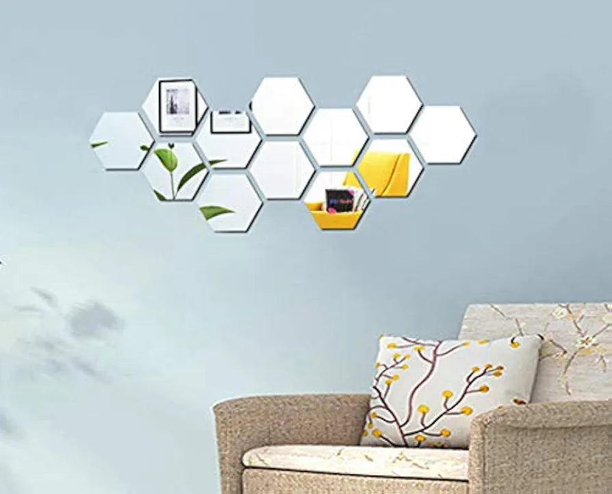 Bikri Kendra Hexagon Stickers for Wall Hexagon Wall Stickers Acrylic Mirror Wall Decor Hexagonal Mirror Wall Sticker 50 Pieces Silver