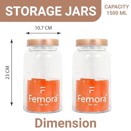 Femora Kitchen Storage Jars Clear Glass Jar With Steel Lid Air Tight Jar | 1000 Ml | Pack of 4 | Golden Lid