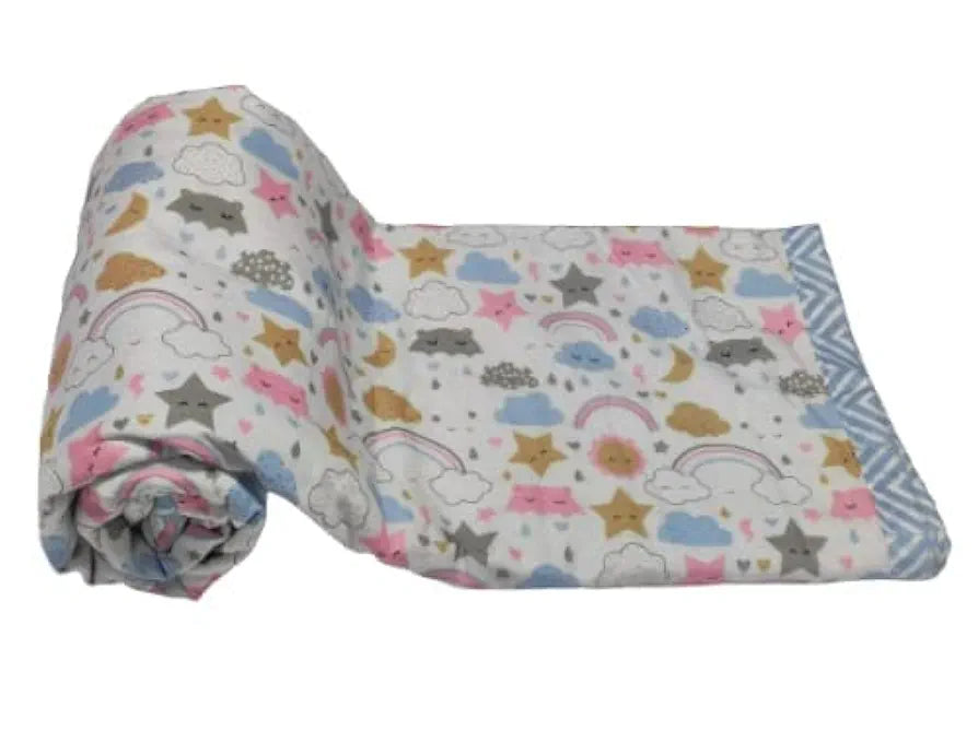 Trance Home Linen Pure Malmal Cotton Multipurpose Baby Dohar 3-Layered Baby Swaddle Blanket Colour Blue Stars and Clouds