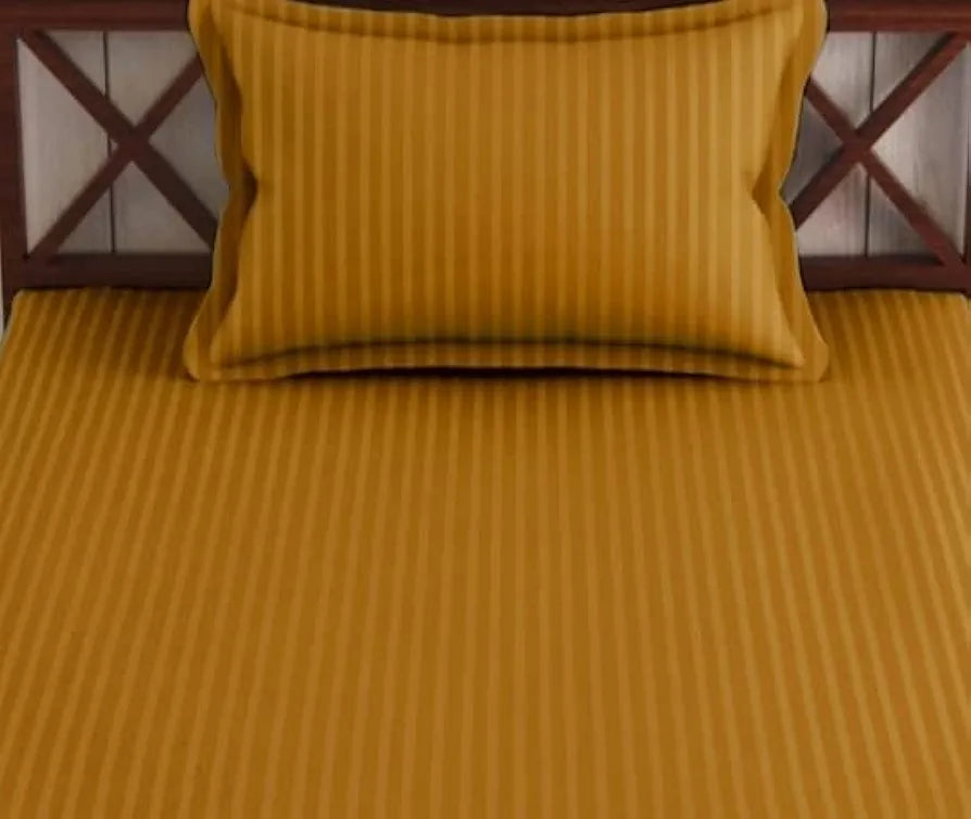 Trance Home Linen 100% Cotton 78X36 Inch Single Fitted 200TC Satin Stripe Elastic Fitted Bedsheet With 1 Pillow Covers Colour Mustard Yellow