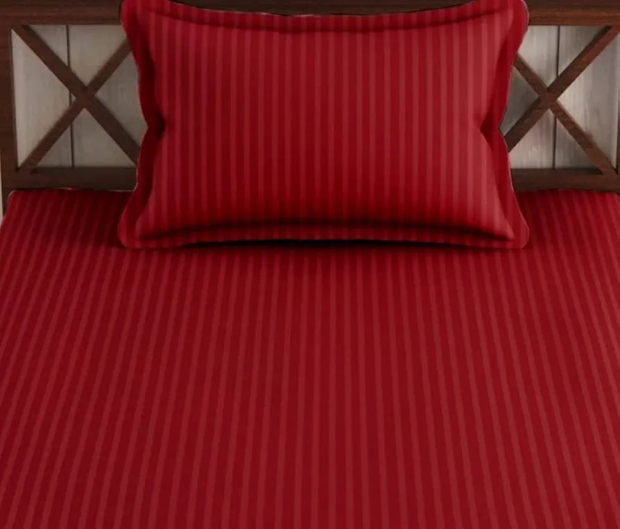 Trance Home Linen 100% Cotton 78x36 inch Single Fitted 200TC Satin Stripe Elastic Fitted Bedsheet with 1 Pillow Covers Colour Maroon