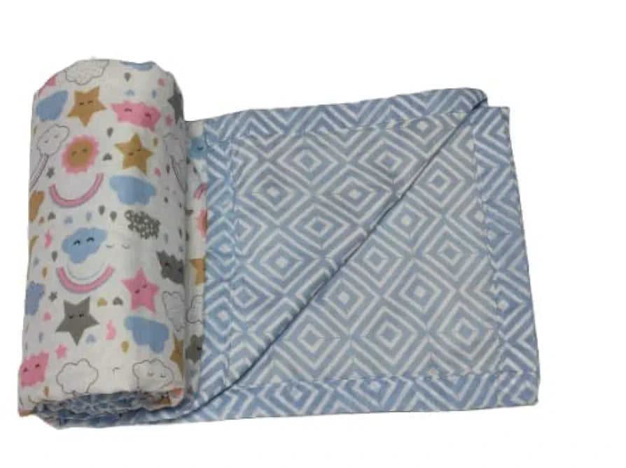 Trance Home Linen Pure Malmal Cotton Multipurpose Baby Dohar 3-Layered Baby Swaddle Blanket Colour Blue Stars and Clouds