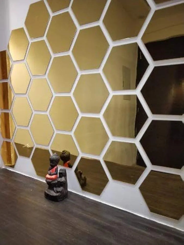 Bikri Kendra Glass Hexagon 30 Golden Mirror Stickers for Wall Decor Acrylic Mirror Acrylic