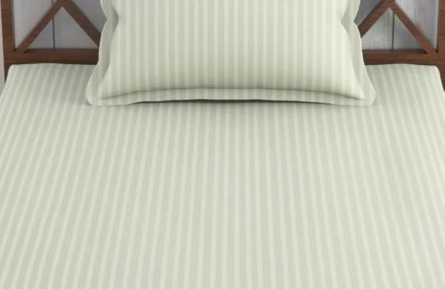 Trance Home Linen 100% Cotton 78x36 inch Single Fitted 200TC Satin Stripe Elastic Fitted Bedsheet with 1 Pillow Covers Colour Light Ivory Cream