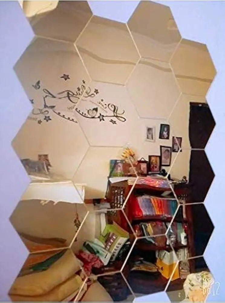 Bikri Kendra 31 Hexagon with 20 Butterfly Golden Mirror Stickers for Wall Mirror