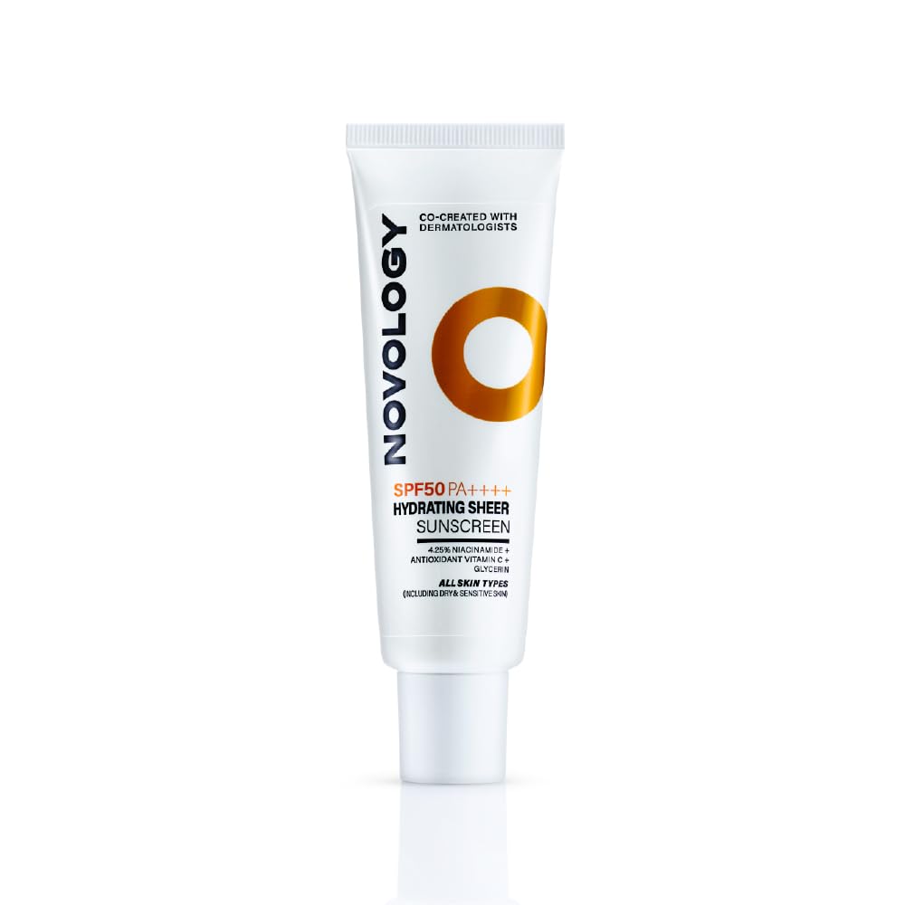 Novology SPF 50 PA++++ Hydrating Sheer Sunscreen With 4.5% Niacinamide for Dry Skin| No White Cast, Non Sticky | 50 g