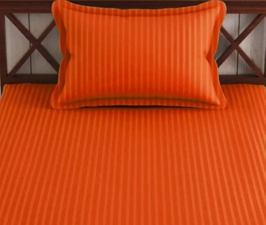 Trance Home Linen 100% Cotton 78x36 inch Single Fitted 200TC Satin Stripe Elastic Fitted Bedsheet with 1 Pillow Covers Colour Orange