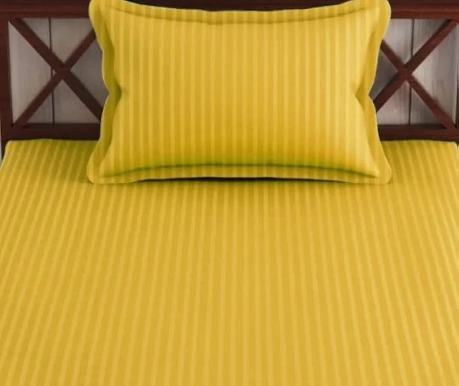 Trance Home Linen 100% Cotton 78x36 inch Single Fitted 200TC Satin Stripe Elastic Fitted Bedsheet Bedspread with 1 Pillow Covers Colour Golden Yellow