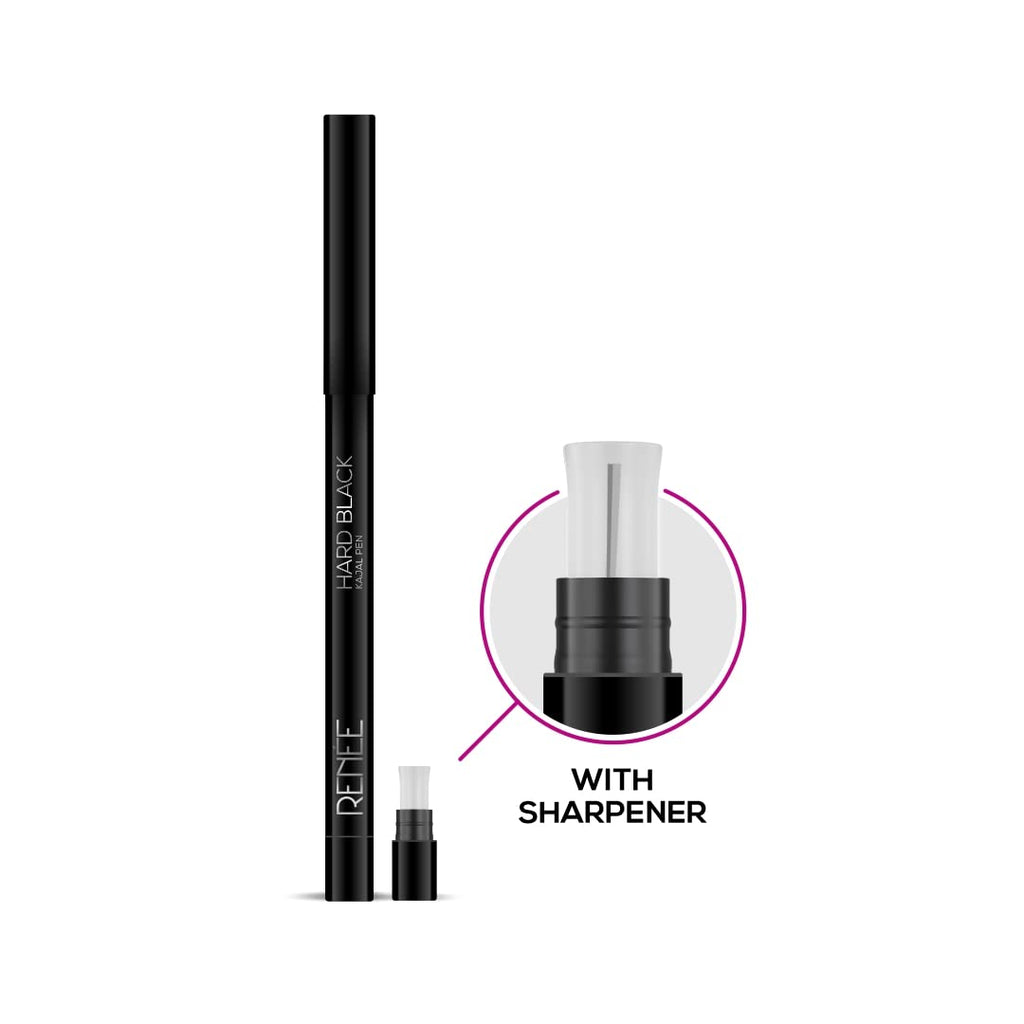 RENEE Hard Black Kajal Pen with Sharpener 0.35gm, Pack Of 2 | Matte Finish | Rich Color Payoff | Long Lasting Upto 24hrs, Smudge & Water Proof Formula