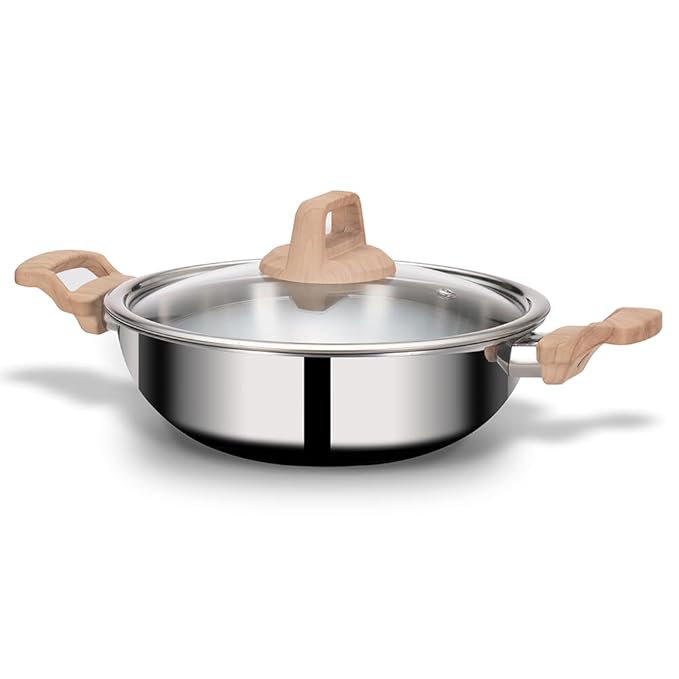Arttdinox Timber Triply Stainless Steel Kadai | Steel Kadai for Cooking | Triply Kadai With Lid | 26cm | 3.2ltrs | Silver