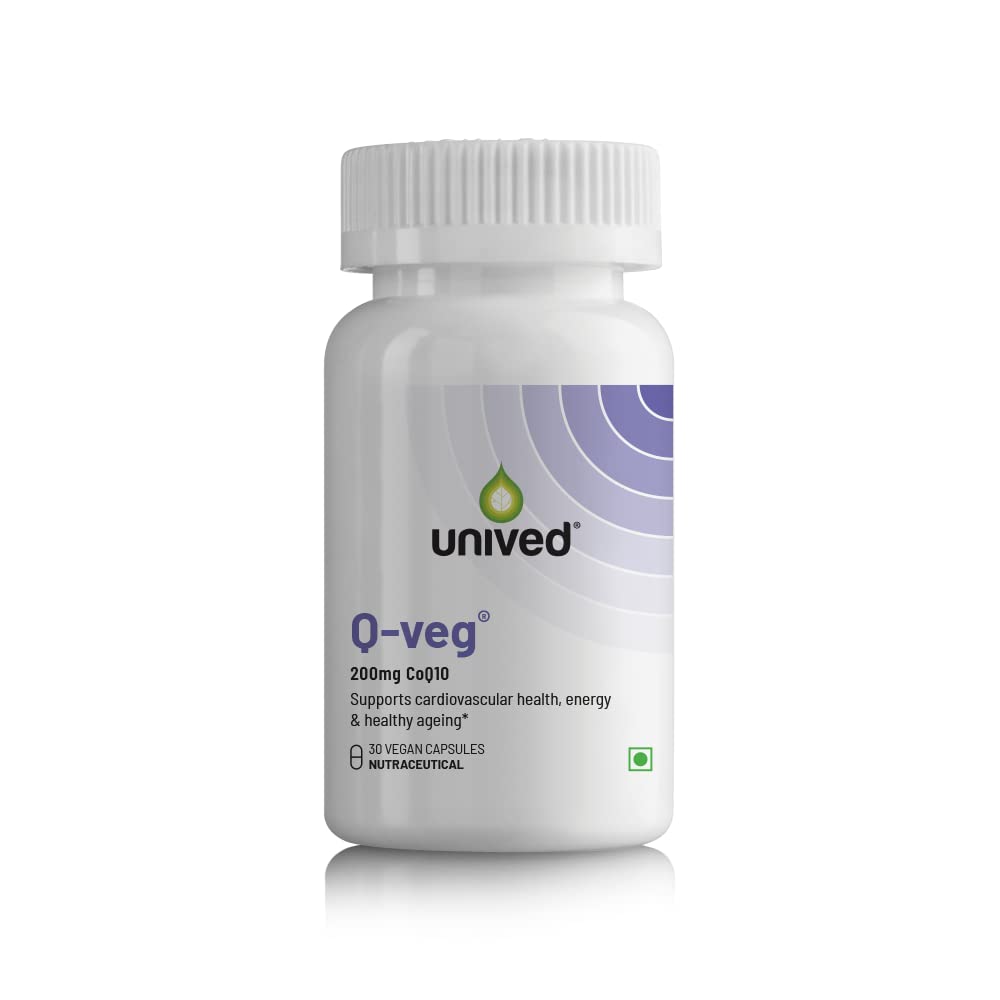 Unived Q-Veg, Natural Fermented CoEnzymeQ10 for Heart Health & Potent Anti-oxidant Activity, Highly Bio-Available with Piperine, 200mg Elemental CoQ10-30 caps