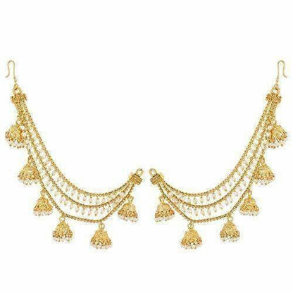 Gold-Polished Long Hair Chain with with Small White Beads