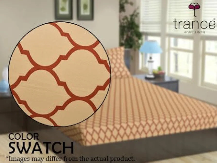 Trance Home Linen 200TC 100% Cotton 78"x60" Standard Queen Size Elastic Fitted Bedsheet Printed Queen Bed Size with 2 Pillow Covers Colour Dori Clay Red