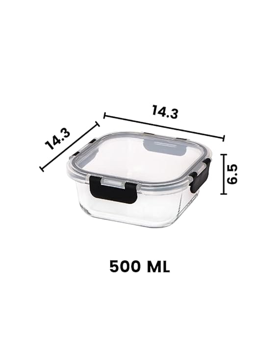Femora Borosilicate Square Microwave Oven Safe Glass Container With Dectahable & Break Free Lid | Black Color | 500 Ml