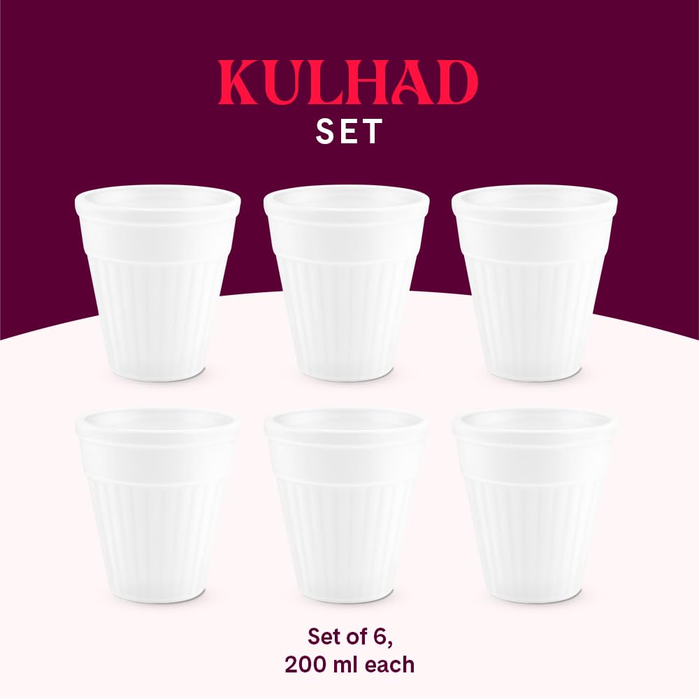 Larah by Borosil 6 Pcs Tea/coffee Opalware Kulhad Set | 200 Ml Each