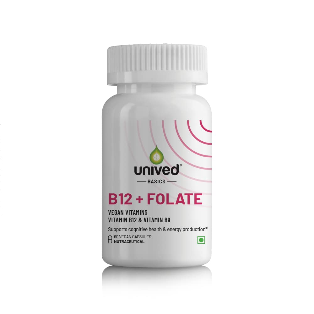 Unived Basics B12+Folate | Vitamin B12 (Methylcobalamin) with 5-MTHF BioAvailable Folate | Essential for Vegan & Vegetarians | 60 Vegan Capsules