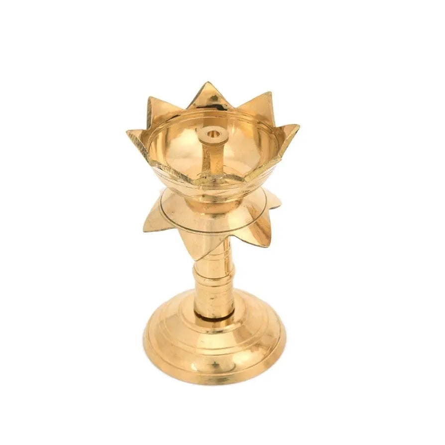 Collectible India Set of 2 Brass Diya for Puja Diya for Diwali - Lotus Shape Pillar Diya Stand Oil Lamp -3.8 Inch