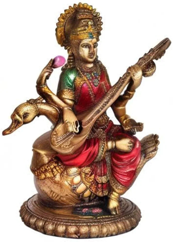 Aona Resin Saraswati Idol Statue for Home Decor On Swan Height | 8.5 Inches Multicolour