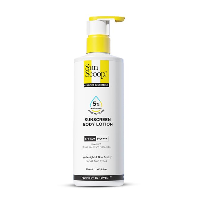 SunScoop 5% Niacinamide Daily Moisture Sunscreen Body Lotion SPF 50+ PA++++ Broad Spectrum| In-Vivo Tested| 24-Hours Moisturization| Non-Greasy| No White Cast| Reduces Tan| Smoothens Skin (200ml)