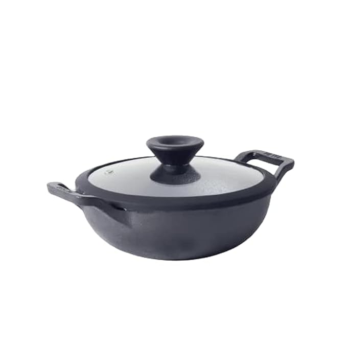Meyer Pre Seasoned Cast Iron Kadai|Iron Kadhai with Lid 20cm/ 1.5 Liters Black