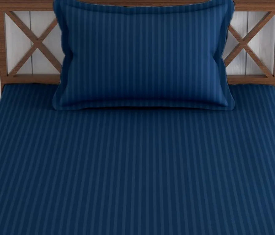 Trance Home Linen Cotton 78X36 Inch Single Fitted 200TC Satin Stripe Elastic Fitted Bedsheet With 1 Pillow Covers Colour Dark Blue
