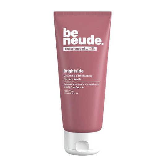 Be Neude Brightside 100ml Detan & Brightening Gel Face Wash with Goat Milk, Vitamin C & Tartaric Acid for Dark Spot Removal, Pigmentation & Glow, Face Wash for Men & Women