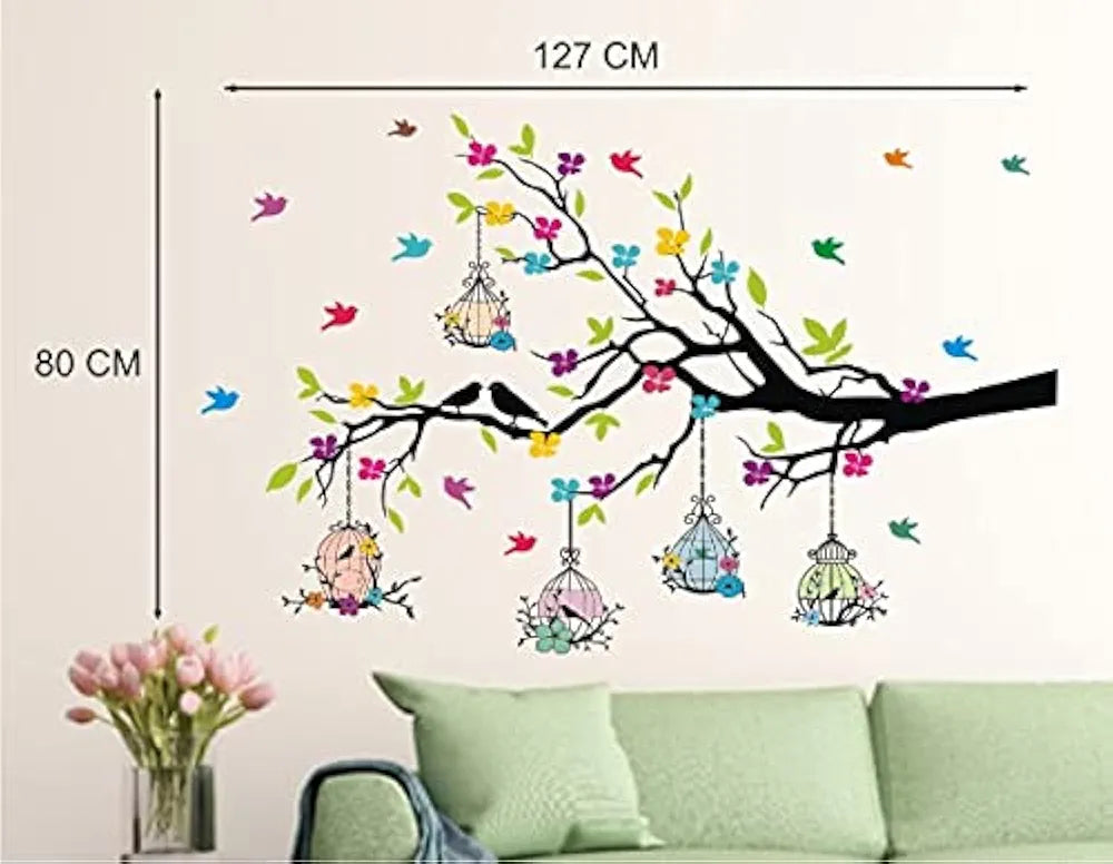 Heaven Decors PVC Vinyl Self-Adhesive Tree Branches with Birdcage & Flower- Wall Decoration Sticker Home,Multicolour