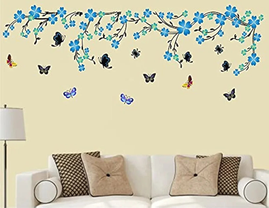Heaven Decors Nature Blue Flower with Vine and Butterfly Sticker Wall Multicolour