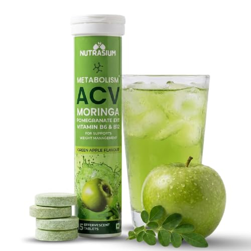 Nutrasium ACV Moringa Metabolism Plus | Apple Cider Vinegar Effervescent Tablet | For Supports Weight Loss, Control Cravings, Convert Fat Into Energy, Boost Energy & Immunity | 15 Tablets Green Apple