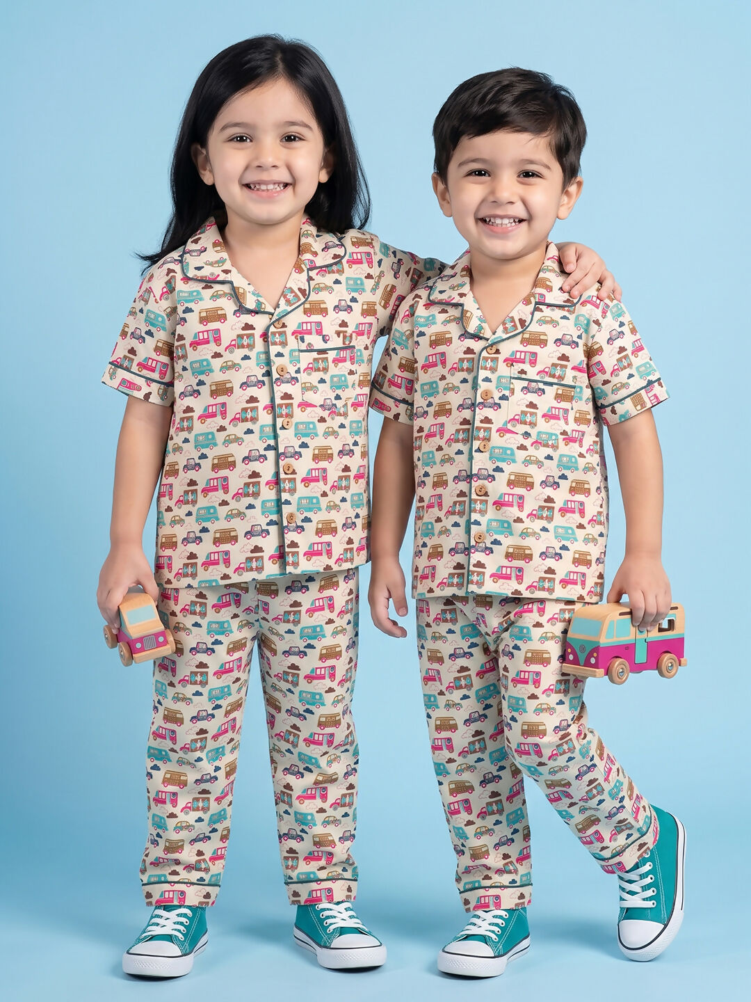 Breathables Woven Cotton Half Sleeves Bus Cars Shirt & Pyjama White