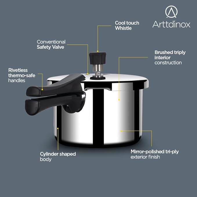 Arttdinox Stellar Stainless Steel Triply 5 Ltrs Mirror Finish Pressure Cooker With Gasket | Rivetless Handle