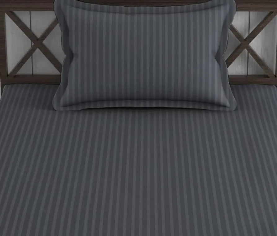 Trance Home Linen Cotton 78X36 Inch Single Fitted 200TC Satin Stripe Elastic Fitted Bedsheet With 1 Pillow Covers Colour Dark Grey