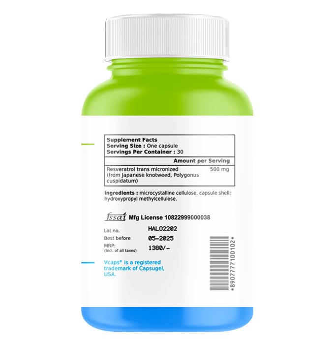 Haleup Resveratrol 99.9% Capsules 500 mg (Lab Certified) Trans Micronized Japanese Knotweed| Promotes Anti-Aging & Brain Health, Glowing Skin, Antioxidant, Max Absorption - 30 Veg Capsules