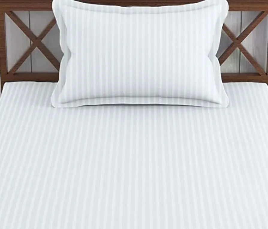 Trance Home Linen 100% Cotton 78x36 inch Single Fitted 200TC Satin Stripe Elastic Fitted Bedsheet with 1 Pillow Covers Colour White