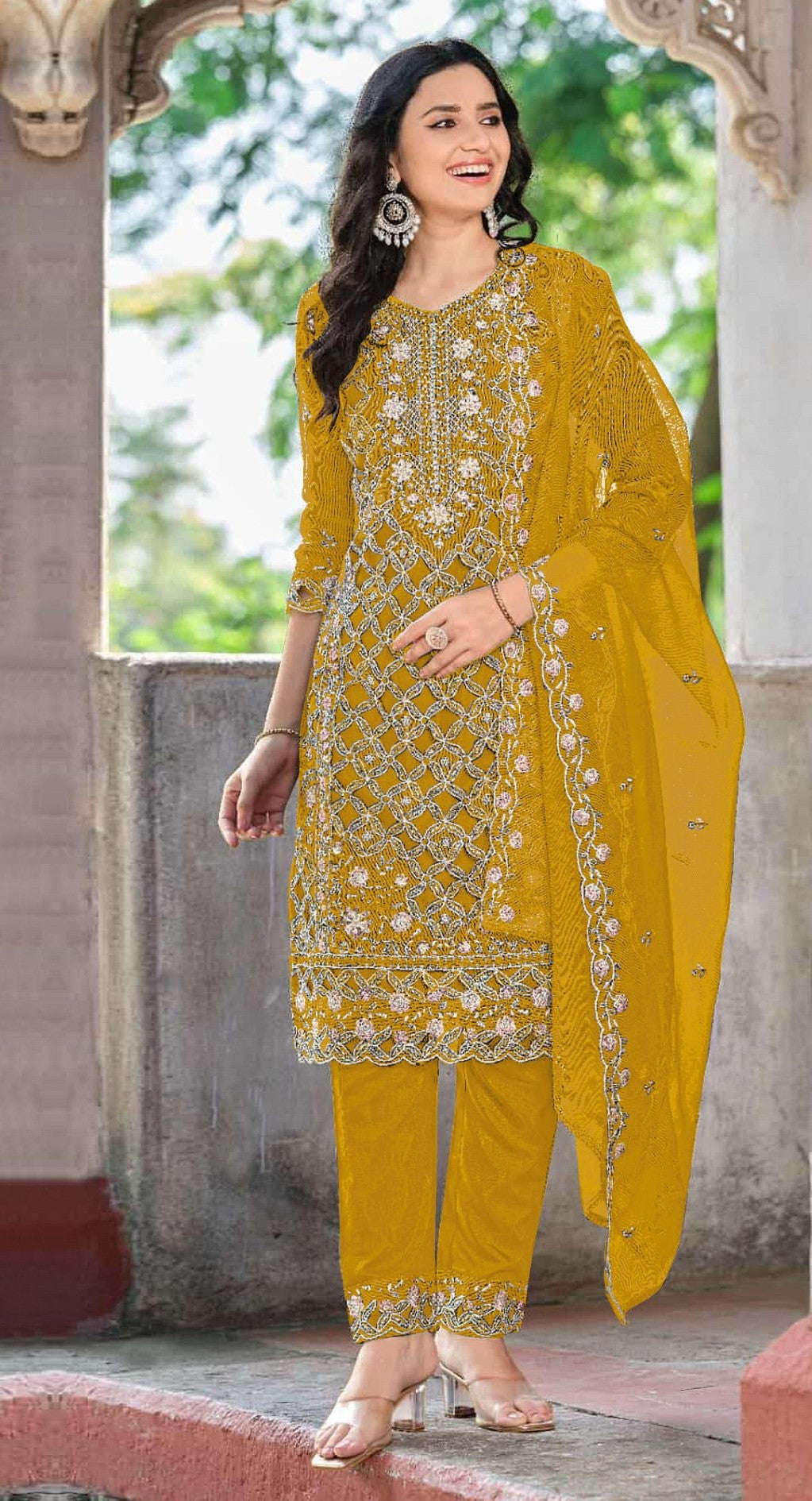 Anaita Yellow Chiffon Suit With Embroidered Sequence Work