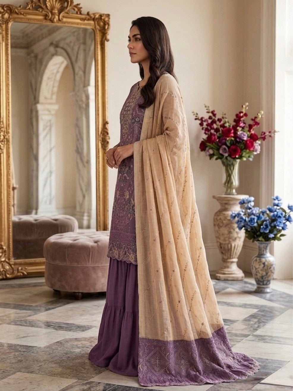 Anaita Purple Silk Suit with Embroidery & Khatli Work