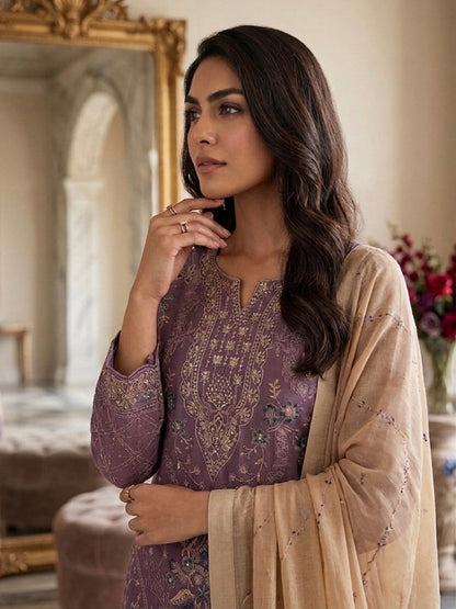 Anaita Purple Silk Suit with Embroidery & Khatli Work
